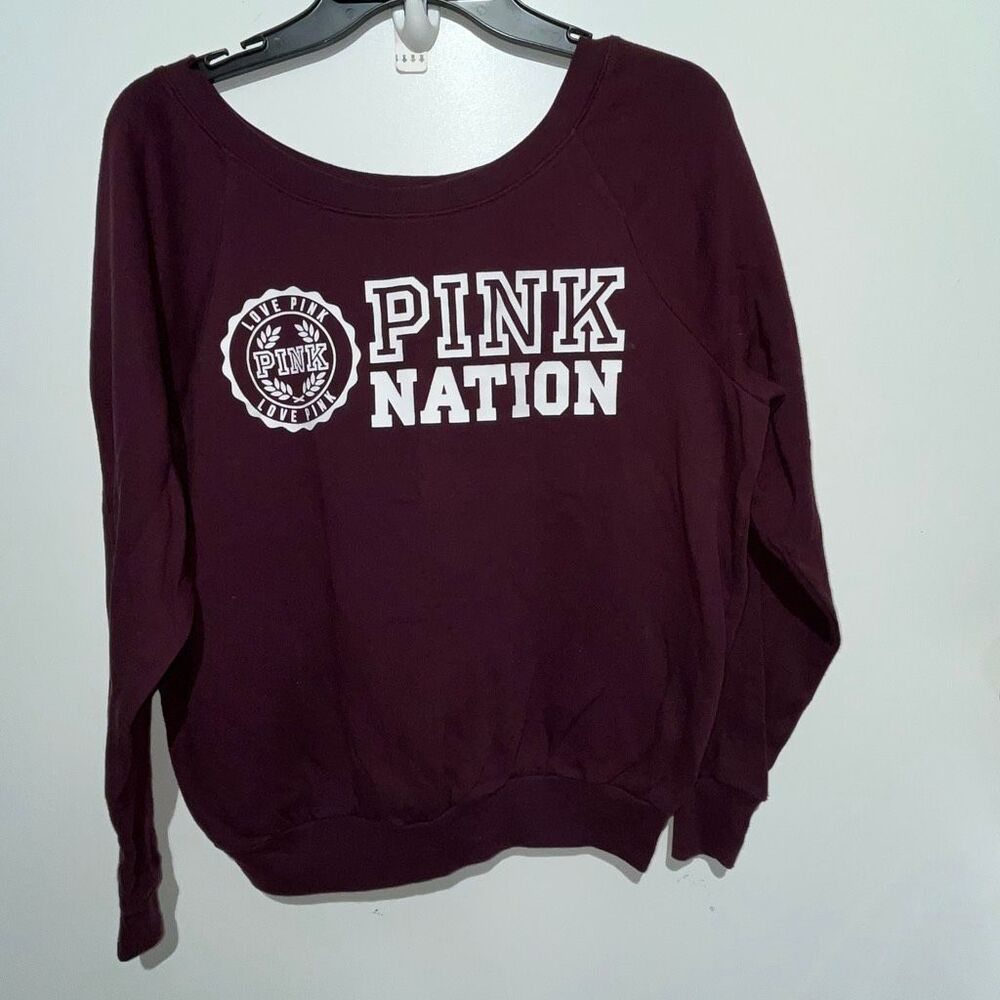 PINK Victoria's Secret Women's Burgundy PINK Nation Graphic Sweatshirt Small